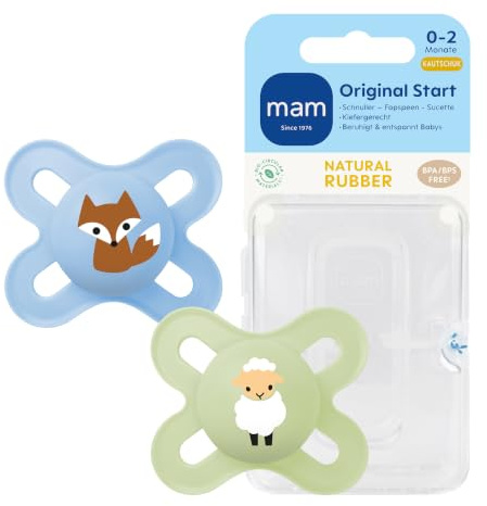 MAM Original Start Latexschnuller, 0-2 Monate, Fuchs & Schaf, 2 Stück | Stillfreundlich & zahnfreundlich, extra klein & leicht, Naturkautschuk, inkl. Sterilisierbox