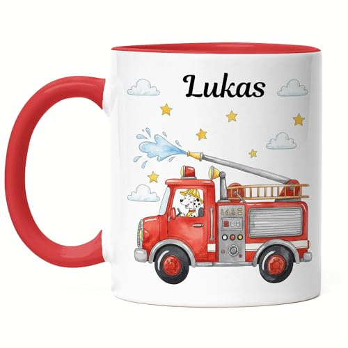 Kiddle-Design Feuerwehr Tasse Kinder Personalisiert mit Name - Kinderbecher für Kindergarten, Kita - Kindertasse mit Feuerwehrauto und Feuerwehrmann als Trinkbecher, Zahnputzbecher - Tasse Schwarz
