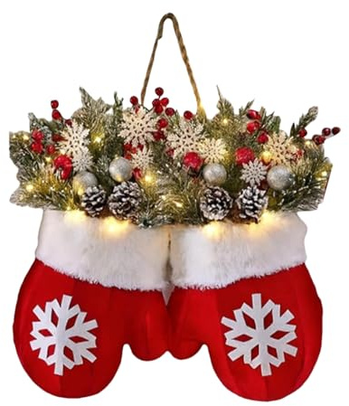 Ghirlanda natalizia per porta, ghirlanda natalizia con guanti con luci a LED, decorazioni da parete con pigne, rami di bacche rosse, per camino, finestra, matrimoni, portico, patio, esterni