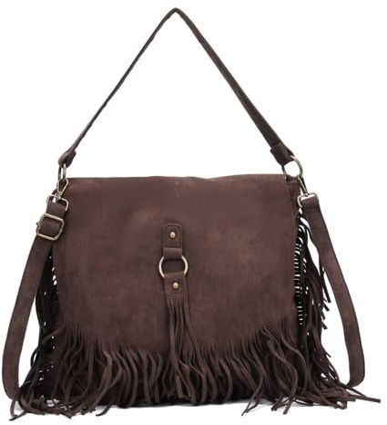 ITALYSHOP24 DAMEN TASCHE SHOPPER Fransentasche Wildleder Optik Samt Boho Crossbody Schultertasche Hobo Bag CrossOver Umhängetasche Messenger Henkeltasche City Bag Dunkelbraun