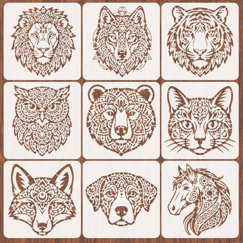 INFUNLY 9Pcs Mandala Tier Wandschablone zum Malen 11.8×11.8 Wiederverwendbare Wandschablonen Tiger Löwe Malvorlage Katze Hund Wände Vorlage für Basteln Zement Holz Möbel Schlafzimmer Heimdekoration