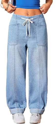 JEShifangjiusu Damjeans, tønner, elastisk dragsko, lösa, breda ben, denimbyxor, Y2K, baggy, boyfriendjeans, Ljusblått, L
