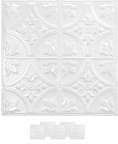 American Tin Ceilings 5-Pack 24 x 24 Nail-Up Metal Ceiling Tiles, Bright White Satin Pattern, Genuine Tin, Rust-Resistant, Made in The USA
