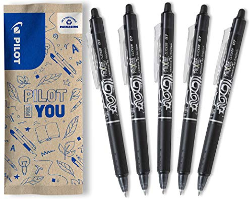 PILOT - Caja de 5 FriXion Ball Clicker - Bolígrafo Retráctil Borrable con Tinta Termosensible - Rollerball Recargable y Ergonómico - Negro - Punta Media