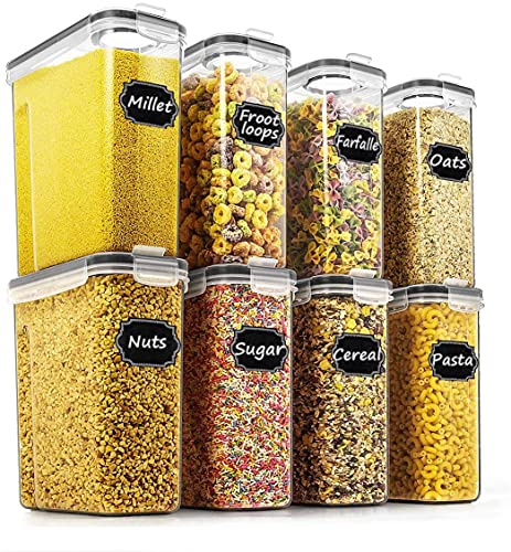 Wildone Cereal & Dry Food Storage Containers Airtight Cereal Storage Containers Set of 8 [2.5L / 85.4oz] for Sugar, Flour, Snack, Baking Supplies, Leak-proof with Black Locking Lids