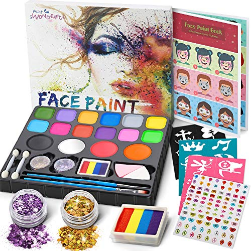 Jojoin Palette de Maquillage Enfants, 16 Couleurs Peinture de Visage, avec 1 Rainbow Cake + 94 Autocollant De Strass + Livret Tutoriel de Conception, Maquillage Fête De Noël Halloween Carnaval