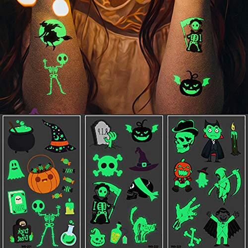 30 Blatt Halloween Temporäre Tattoos für Kinder Glow Tattoo Aufkleber, Halloween Party und Rollenspiel Temporäre Tattoos für Jungen Mädchen Halloween Eve