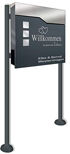 Zalafino Briefkasten incl. Standfuß freistehend in anthrazit - individualisierbarer Design-Briefkasten aus pulverbeschichtetem Stahl mit Zeitungsrolle, Sichtfeldern und Standfuß