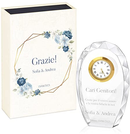 Maverton Statuetta di vetro con orologio - Con incisione - In scatola personalizzata - Cristallo - Orologio - Idee regalo per anniversario - GRAZIE