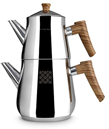 Serenk Juego de tetera turca de acero inoxidable de 3 cuartos de galón con dos tapas y asas antideslizantes de baquelita para todo tipo de estufas, dos ollas con base de inducción termo cápsula