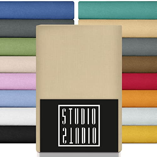 STUDIO Premium Spannbettlaken 140x200cm, 140x220cm, 160x200cm & 160x220cm – Jersey-Spannbetttuch aus 97 % Baumwolle & 3 % Elastan – Creme – Öko-Tex Zertifiziert, bügelfrei – für Matratzen 15–35cm