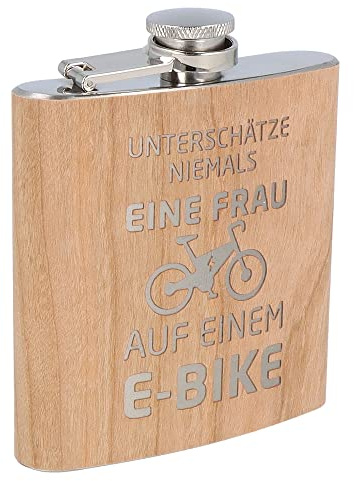 Spruchreif | Petaca de acero inoxidable grabada | Petaca de madera con grabado EBike | Regalo al aire libre | Regalo para ciclistas y ciclistas de montaña | Regalo para bicicleta eléctrica |