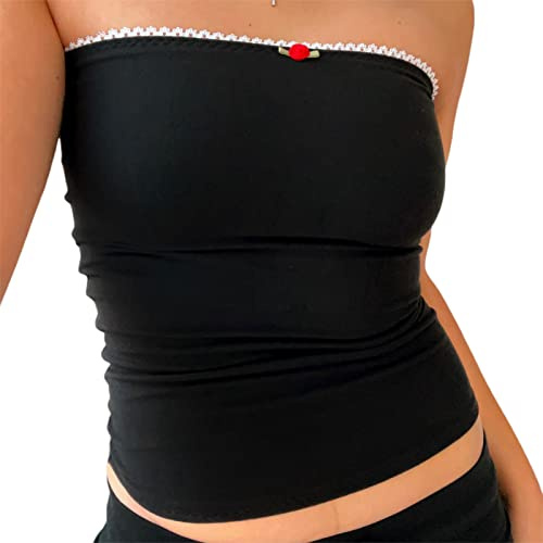 Y2k Bandeau Tube Top Femme Haut Dos Nu Sexy Tee Shirt Bustier Débardeur sans Bretelles Chemise sans Manches Blouse Fleurie Camisole Eté Chic (Noir, S)