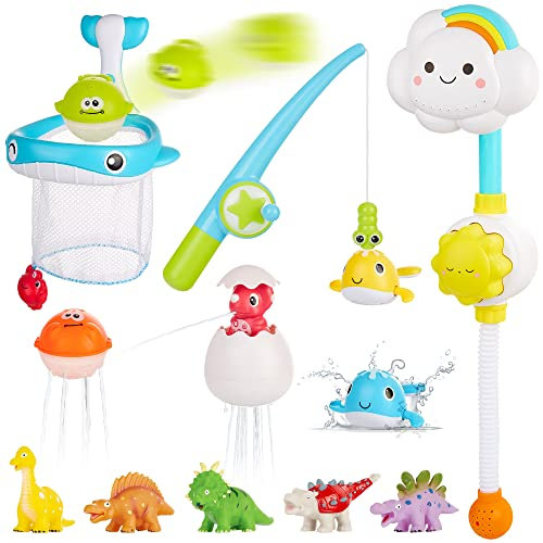 Badewannenspielzeug ab 1-6 Jahre, CRIOLPO Badespielzeug Baby Badewannen Spielzeug Wasserspielzeug Kinder mit Dusche, Wind-up Spielzeug No-Mold Dinosaurier Angelspiel, Spielzeug Geschenk Mädchen Junge