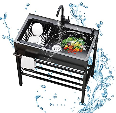 Fregadero industrial de un solo cuenco, juego de fregadero de cocina independiente con grifo y coladores de acero inoxidable, tina de lavandería que ahorra espacio para lavandería, garaje, jardín al