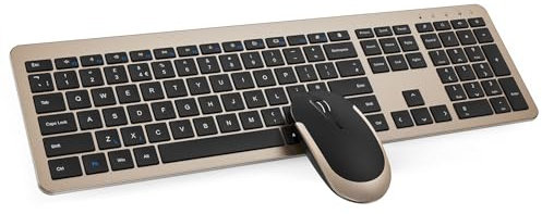 seenda Wireless Keyboard and Mouse Set, SK38 Ultra Slim Quiet USB Wireless Keyboard and Mouse Full Size QWERTY UK Layout with Numeric Keypad for Windows PC, Laptop, Computer, Black and Gold