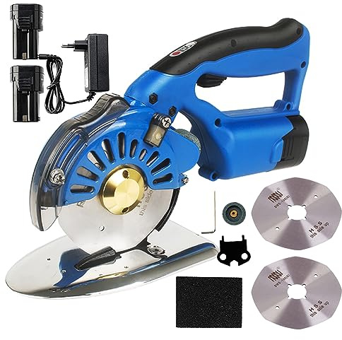 Cortadora de Tela Rotativa Eléctrica, Cortadora de Tela Inalámbrica con 2 Cuchillas y Batería de 2x2500 mAh, Ajuste de 5 Velocidades y Tijeras Eléctricas de Motor Potente para Cortar Tela de Algodón