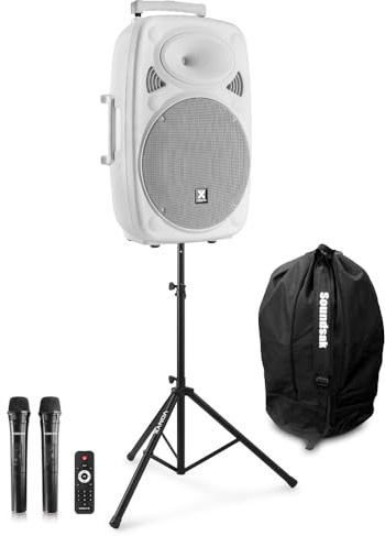 VONYX Verve46W 15 Portable PA System, 1000W Battery Powered Active Speaker with Dual Wireless Microphones, Bluetooth, Speaker Stand & Travel Bag, USB/SD MP3, White Finish