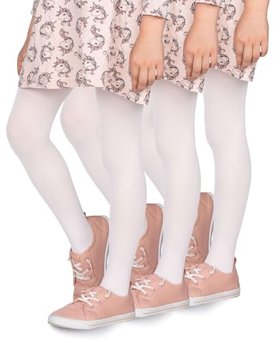looksy Set med 3 ogenomskinliga strumpbyxor för flickor 40-DEN mjuk mikrofiber barnstrumpbyxor, lediga fötter, balettdans, skola, balettdans, 3–12 år, Vitt och blått, 11-12 år