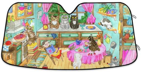 ZRWLUCKY Windschutzscheiben-Sonnenschutz, Motiv: Western-Kaktuspflanze, Katze, Auto-Innenzubehör, faltbare Sonnenblende, UV-Schutz, für Auto, Van, SUV, Jeep, 139,7 x 70,1 cm (mittel)