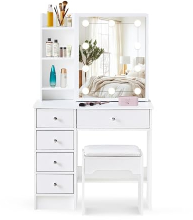 CLIPOP Schminktisch Weiß mit Schiebespiegel und Beleuchtung,Frisiertisch mit 5 Schubladen und Hocker,Kosmetiktisch mit 4 Offenen Fächern, 80 x 40 x 130 cm