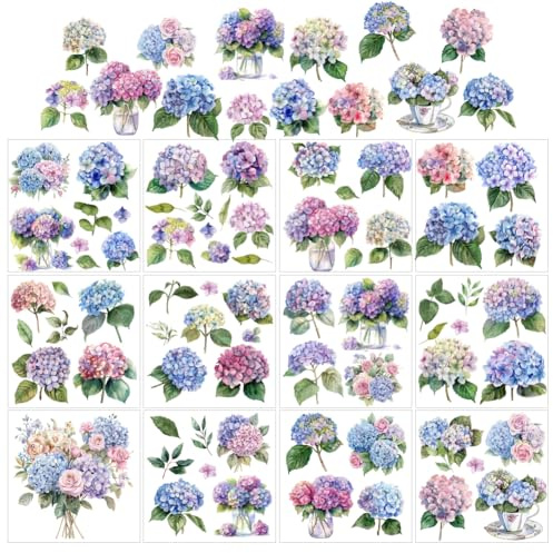 AHANDMAKER 12 Blatt Hortensien-Abziehbilder Zum Aufreiben Zum Basteln, Vintage Blumen Abziehbilder, Blühende Hortensien Rub-On Aufkleber Für Holz Papier Möbel DIY Home Decor, 5.5x5.5 Zoll