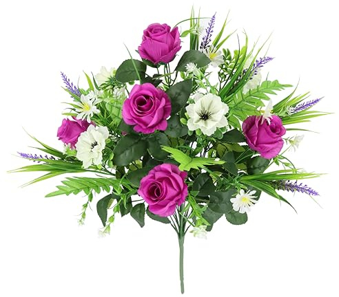 Künstlicher Rosenstrauß mit Lavendel Blüten Farn 52 cm Rosenbusch Kunstblume Strauß Bouquet Seidenblume Blumenbouquet Blumenstrauß Kunstblumenstrauß Rose Dekoblume Hochzeit Mittelstück Tischdeko