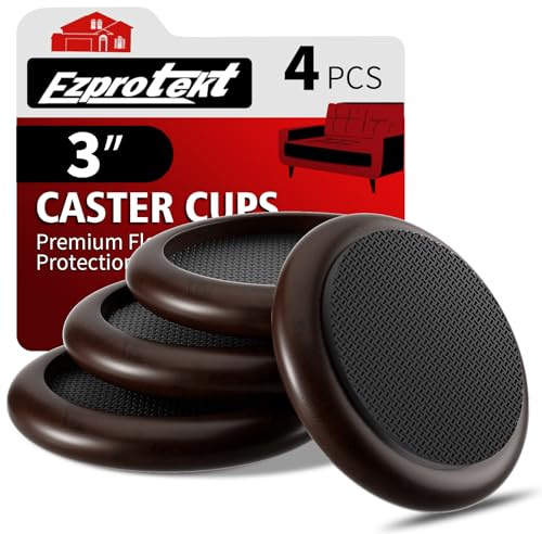 Ezprotekt 3 inch Premium EVA Castor Cups for Wooden Floors & Smooth Surfaces Φ 76 mm - Dark Brown Wood Grain - 4PCS Chair Leg Floor Protectors - Castors for Furniture - Furniture Cups