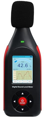 Decibel Meter, Digital Sound Level Meter with Data Logging, 3-Color Alarm, A/C Weighted, HD Screen, 30-130dB Range, Rechargeable SPL Meter for Home, Classroom, Office, Factory