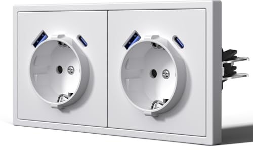 BSEED Enchufe con 20W USB C Carga Rapida,Enchufe de Pared con Garfio,Mate Enchufes Empotrable,Fácil Instalación,C-Series,2 Enchufes con 20W USB y Tipo C,150mm Blanco