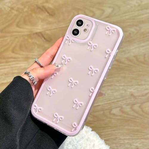 EYZUTAK Case for iPhone 12, Clear Cute Ribbon Bowknot Pattern Aesthetic Transparent Phone Case Raised Camera Protection Stylish Slim Soft Durable TPU Protective Cover for Women Girls - Pink