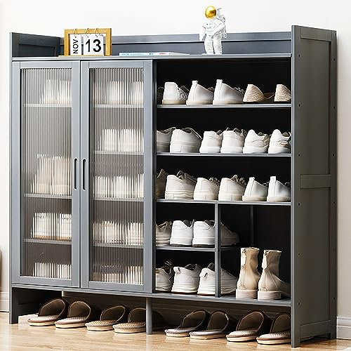 Zapatero de 5 niveles, armario de almacenamiento de zapatos de bambú independiente con puertas correderas, organizador moderno para zapatos, para entrada, pasillo, sala de estar, baño
