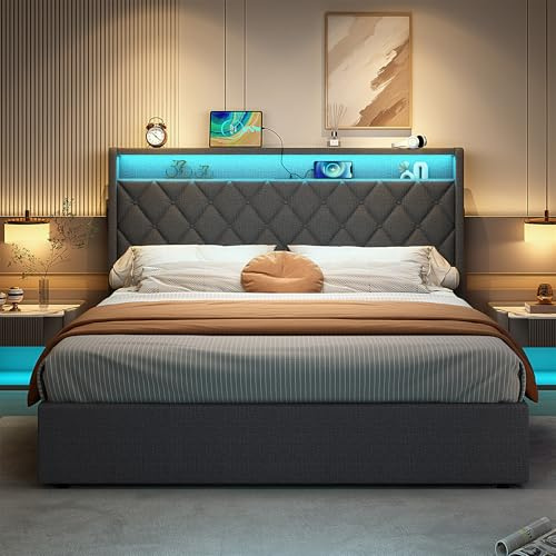 MYBOO Upholstered Ottoman Storage Bed, 4ft6 Double Bed Frame with Storage&LED&USB, Gas Lift Up Upholstered Double Bed Frame with Button Tufted Storage Headboard&Slats, Linen, No Mattress, Grey