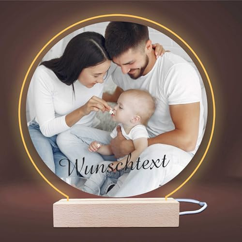 INDIGOS UG LED Lampe rund mit Foto und Wunschtext personalisierte Geschenke aus Acrylglas 14x14 cm als Nachttischlampe mit optional warmweißem Licht Fotogeschenk für Kinderzimmer Schlafzimmer