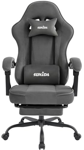 SUKIDA Silla de gaming de tela, silla ergonómica para videojuegos con reposapiés, silla de ordenador de carreras ajustable con soporte lumbar, gris silla ergonómica para PC