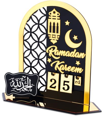Ramadan-Kalender, Acryl Ramadan 30-Tage-Countdown-Kalender 2025 Ramadan-Adventskalender für Zuhause Muslimisches Fest Eid Mubarak Tischdekoration Familienparty-Zubehör (Schwarz, Gold)