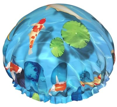 Gorro de ducha con estampado de carpa roja japonesa, reutilizable, doble capa, con banda elástica, perfecto para el hogar, spa, hotel y viajes