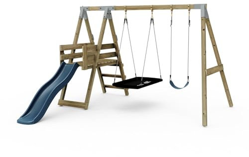 Premium Double Swing with Deck - Flex and Boat Navy Blue | 6ft Slide | Stable Construction | Premium Welded Brackets & Pressure Treated Timber |