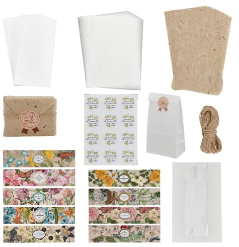 PH PandaHall Kit D'Emballage de Savon 36PCS Papier D'Emballage 30 feuilles de Papier Sulfurisé 12PCS étiquettes Autocollantes Décor 2PCS sacs en Papier et 10m de Corde pour Mariage Savon Artisanal