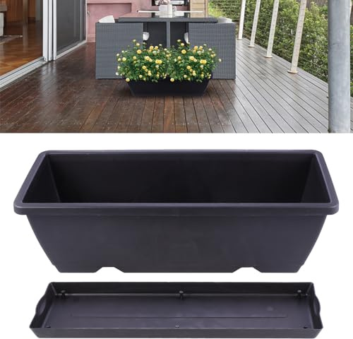 Kisangel Jardinière Plastique Rectangulaire avec Trou de Drainage et Soucoupe pour Balcon et Jardin, Grand Format Noir, Pot à Plantes Polyvalent pour Fleurs et Légumes