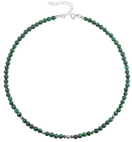 Unique Gems Damen Perlenkette kurz Malachit Ø 4mm rund Edelstein Choker 38cm mit Hämatit Perlen Halskette Juweliers- Qualität
