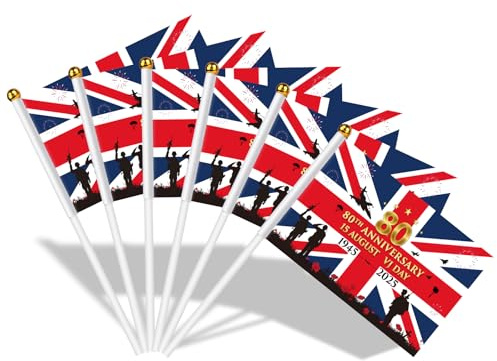 AhfuLife 30pcs VJ DAY Flags on Sticks for 80th Anniversary Decorations, 14x21cm Hand Held VJ DAY Small Flags with 30cm Pole for Victory in Japan 80 Years WW2 1945-2025 Decoration
