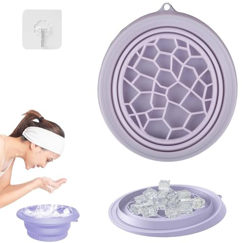 TREABEAR Face Ice Bath Bowl Lila, Tragbare Hautpflegeschüssel mit Haken, Waschschüssel Pflege für Erwachsene,Portable Cooling Basin,Faltbares Gesichtswaschbecken Aus Silikon mit Integrierter Eisschale