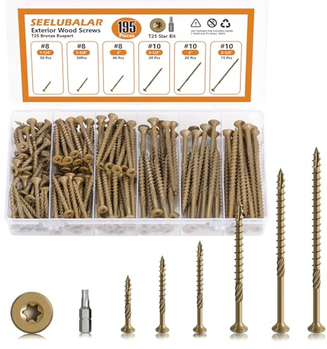 195 Pcs Deck Screws kit, #8#10 Wood Screws Assortment Kit, Rust Resistant epoxy Coated,Star Drive,Heavy-Duty Exterior (1-1/4,1-5/8,2,2-1/2,3,3-1/2),T25 Star Bit（Yellow）