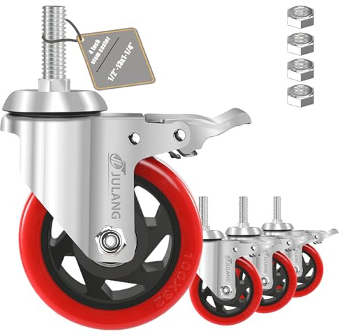 JULANG 4 inch Caster Wheels, 1/2 Threaded Stem Casters Set of 4 Heavy Duty,1/2-13 x1-1/4(Stem Diameter 1/2, 13 Threaeds Per Inch, Length 1.25), Industrial Castor Wheels for Cart,Furniture