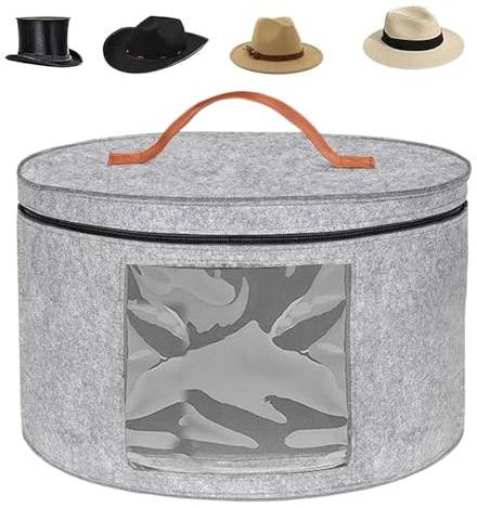 Boîtea chapeau ronde, boite rangement echarpe bonnet, avec couvercle et fermeture éclair, avec poignée en cuir, fenêtre transparente pour armoire ou voyage, boite chapeau 43 x 26 cm (Light Gray)