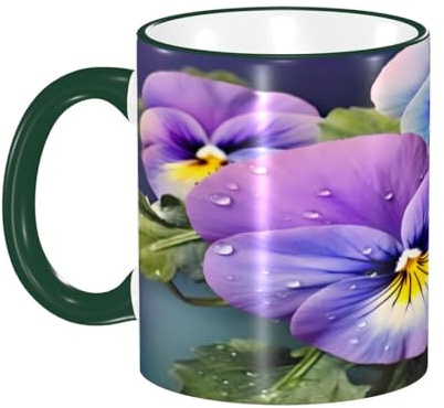 DZBDWZXH Dark Green Handle Ceramic Coffee Mugs 11oz, (Pansy Perfection) Print Restaurant Coffee Mug for Coffee,Cappuccino,Tea,Cocoa,Cereal