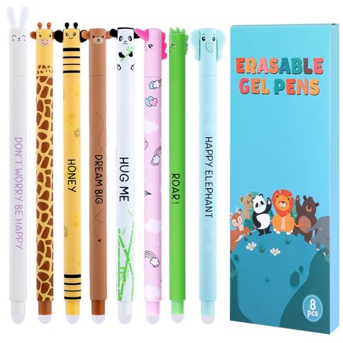 Thboxes Radierbare Gelstifte 8er Set, 0,7 mm, Tiermotive, Bunt | Radierbare Tinte, 8 Tierdesigns, Schnelltrocknend, 0,7 mm Spitze, mit Radierer, für Schule, Büro und Geschenke