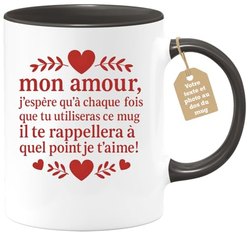 quotedazur Café-Croissant - Mug Saint-valentin Coeur - Tasse Romantique Idée Message Mon Amour Chaque Fois Homme Femme - Cadeau Original Pour Couple Amoureux Petit Ami Copain Copine Mari - Noir/céram