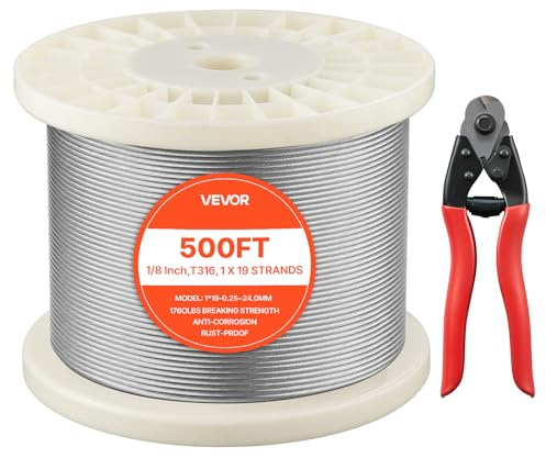 VEVOR Cable de Acero Inoxidable 316 Diámetro de 3,2 mm, Rollo de Cuerda de Alambre 152,4 m, Resistencia a la Rotura de 798,3 kg, Construcción de 1 x 19, para Barandillas y Enrejados de Jardín